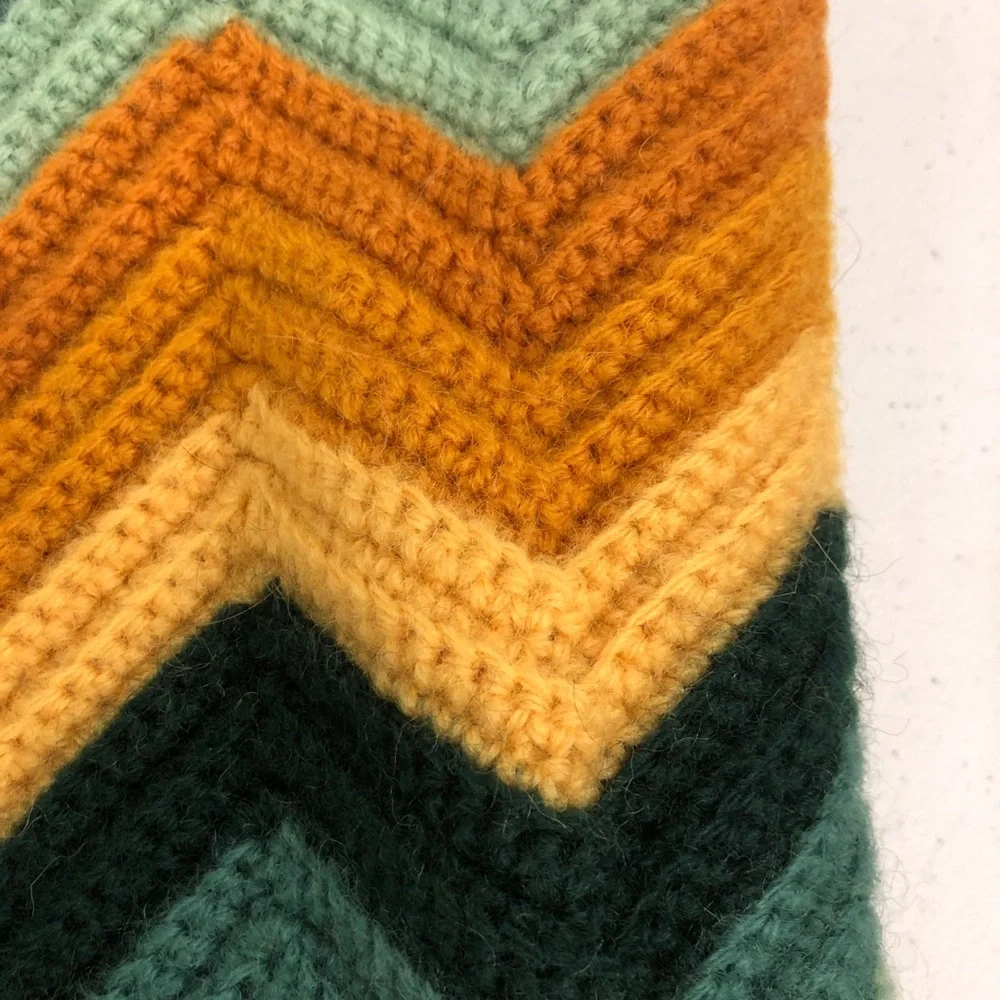 Chevron Patterned Afghan Fringe Blanket 70” x 50” Greens Golds